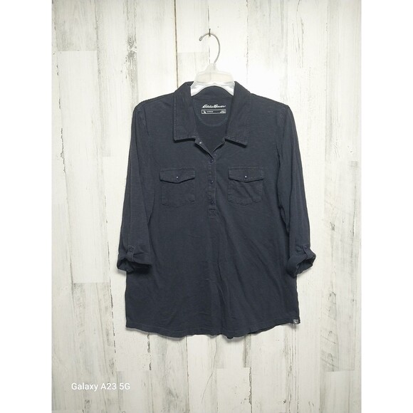 Eddie Bauer Women's Large Blue Quarter Button Collared Polo Long Sleeve Roll-Up - Picture 1 of 7
